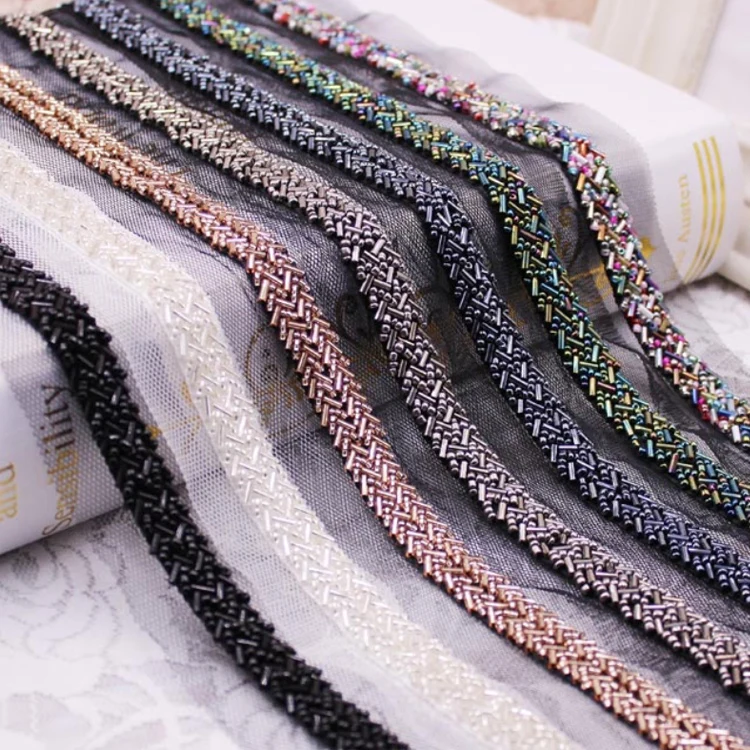 lot stock fancy decorative glass tube beaded mesh lace trim for dresses