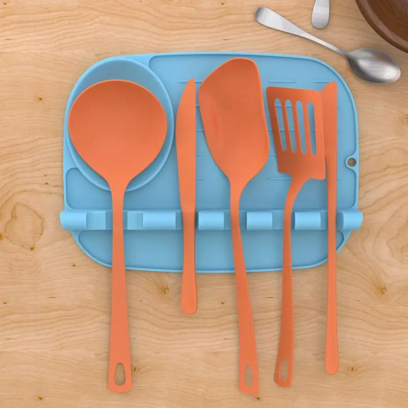 

Kitchen utensil holder rest heat resistant organizer silicone spoon spatula fork mat cutlery drying rack