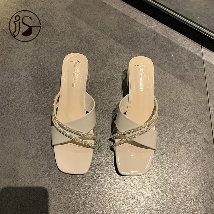 

2021 New Women's square toe slippers for comfortable women's high heels for women's one-word heels for girls
