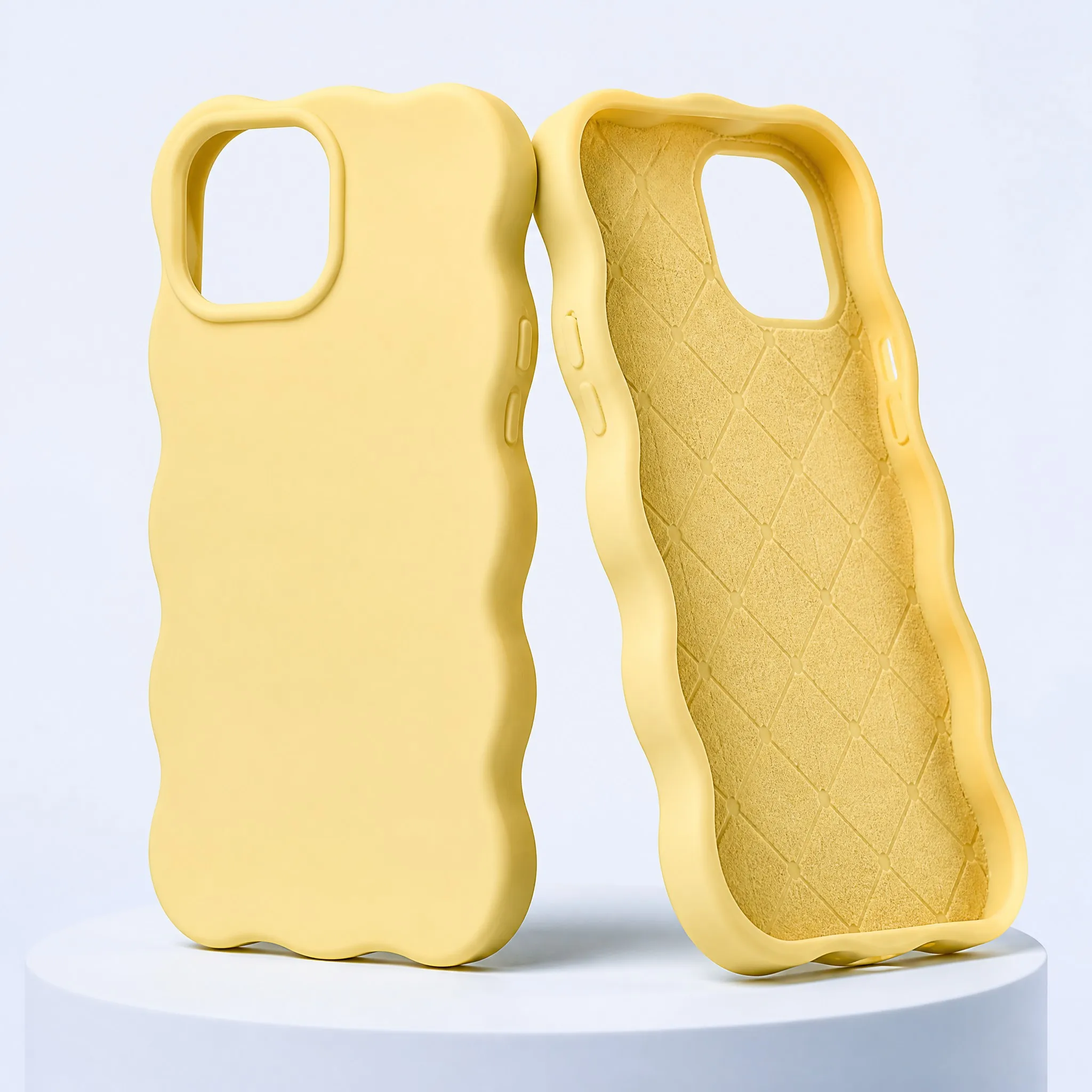 Front and Inside Interior View of Butter Yellow Wavy Phone Case showing Diamond Quilted Microfiber Flocking Lining