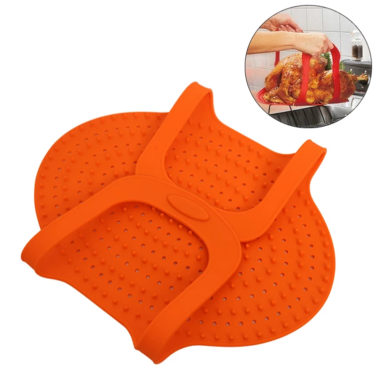 

Approved Heat Resistant Non-Stick Oven Kitchenware Kitchen Tools Silicone Turkey Poultry Lifter Mat Pad, Red, blue, orange or according to your request .