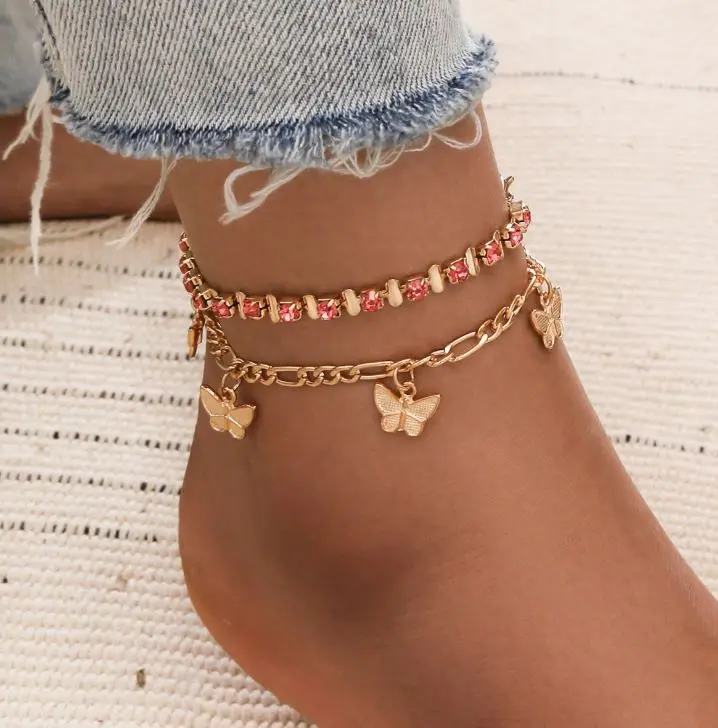 

Simple and sweet pink claw chain copper ornament butterfly tassel foot ornament multilayer two-piece anklet