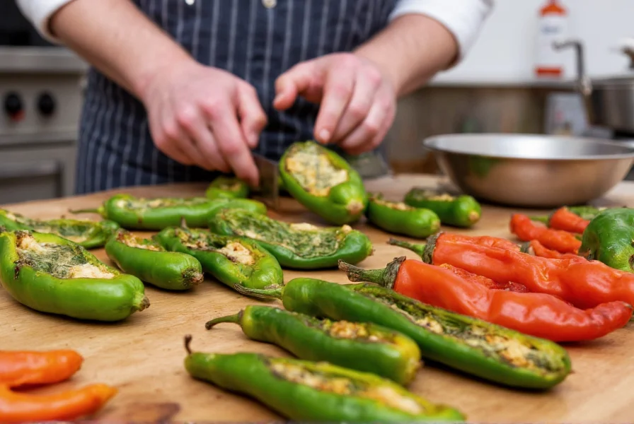 Chef preparing stuffed poblano peppers and roasted Anaheim peppers on a kitchen counter