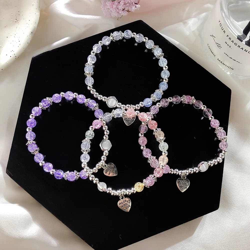 

HONGTONG Explosive Korean Fresh Pop Flower Crystal Opal Bracelet Handmade Beaded Retro Love Letter Pendant Stretchable Bracelet, Picture shows