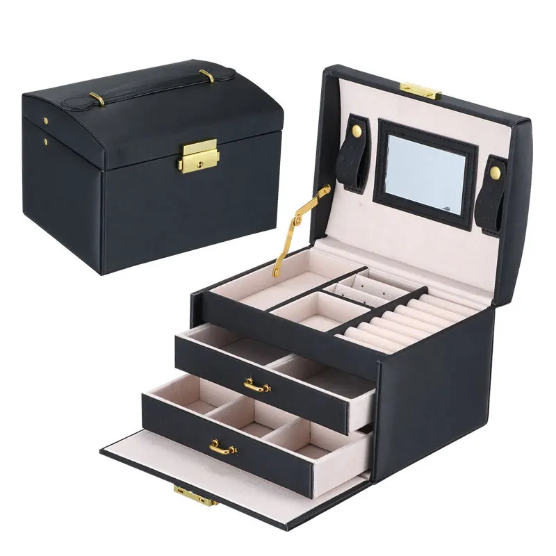 

Wholesale Luxury Women Large Jewelry Box With Drawer Mirror PU Leather Ring Necklace Earring Jewellry Organizer boite a bijoux