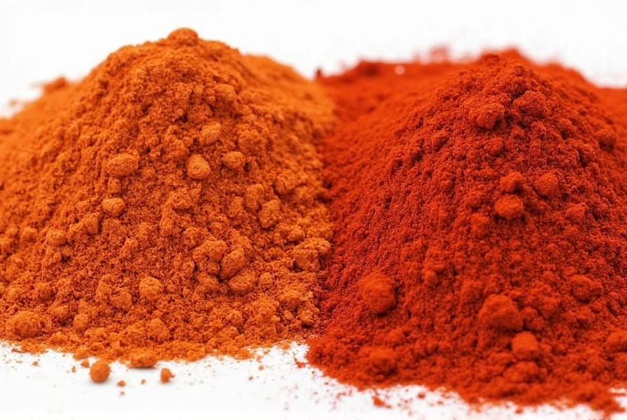 Close-up comparison of cayenne pepper and chili powder in spice jars showing color differences