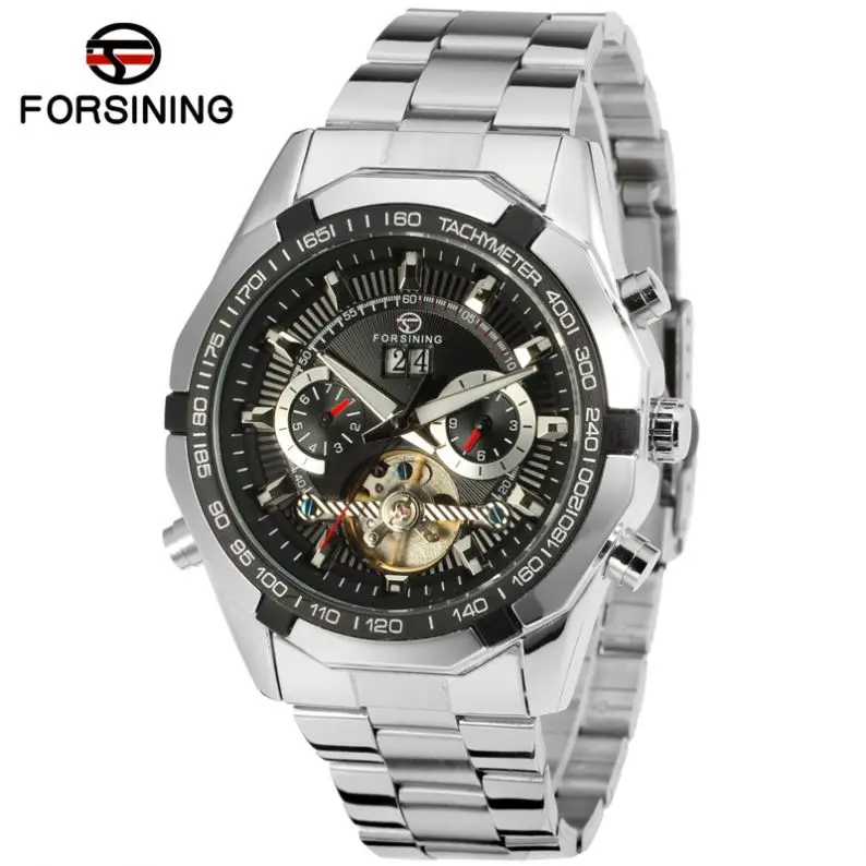 

FORSINING 340 cheap silver man mechanical watch authentic Stainless steel band water resistant Calendar flying tourbillon watch