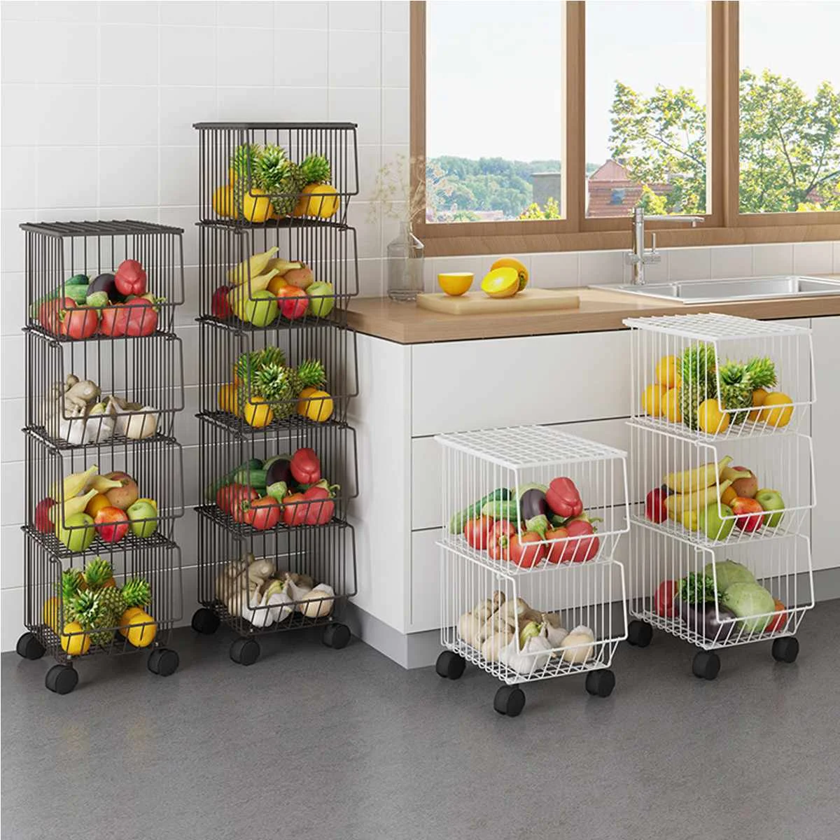

2/3/4/5 Tier Metal Wire Basket with Wheels Rolling Cart Fruit Vegetable Snack Basket Stand Organizer for Kitchen Living Room, Coffee, white