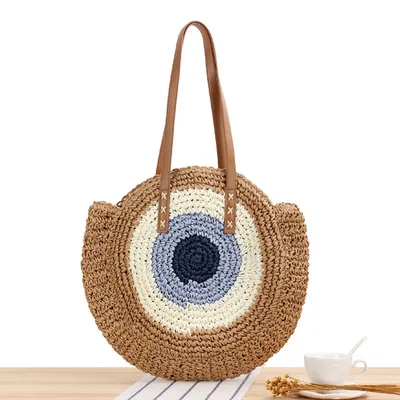 

2021 New simple round one-shoulder straw bag woven beach bag fashion women's straw bag, Picture