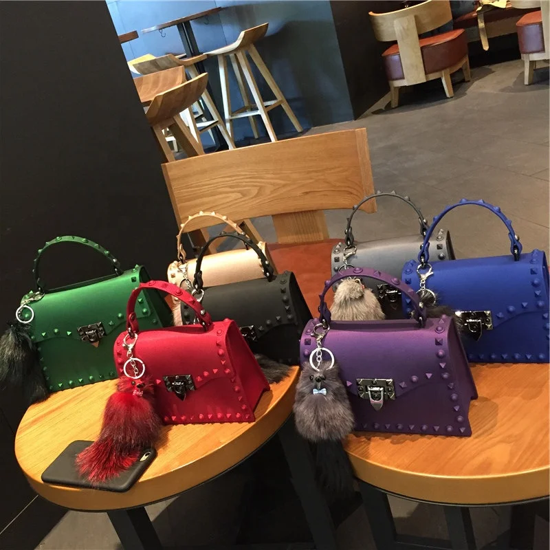 

2020 fashion ladies rainbow color single shoulder bag matte pvc bag rivet jelly purse handbags for women luxury purses