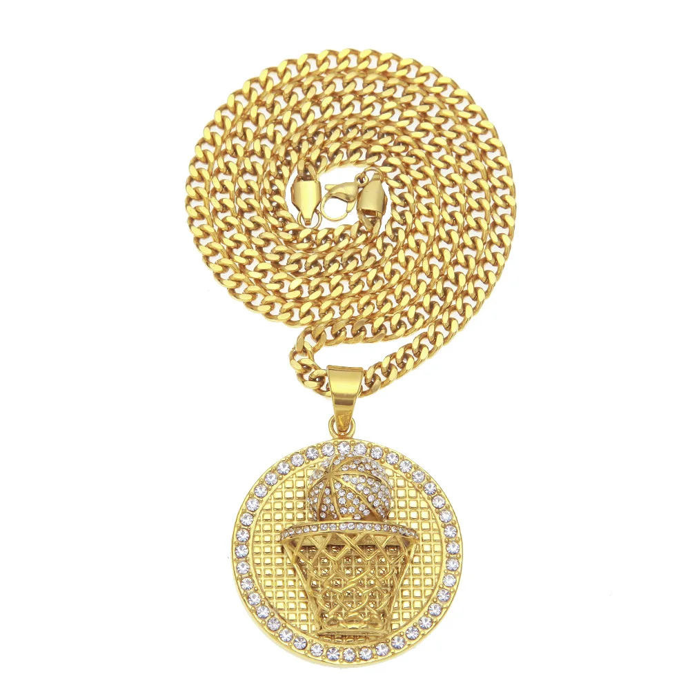 

New Hip Hop Men's Stainless Steel Rhinestone Pendant Individuality Basketball Necklace Trendy Unisex Rapper Jewelry Accessory, Gold