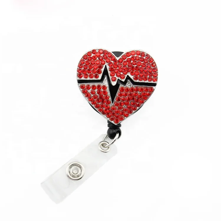 Medical Rhinestone Red Heart ECG Retractable ID Badge Holder Reel For Nurse Accessories, Various, as your choice