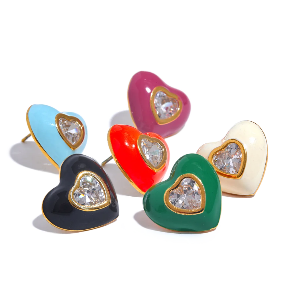

JINYOU 770 Colorful Enamel Shiny Cubic Zirconia Stainless Steel Heart Stud Earrings Exquisite High Quality Y2K Fashion Jewelry