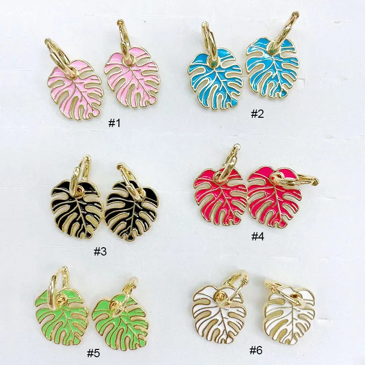 

EM1276 Gold Plated Tropical plant Hoop Warring ladies brass rainbow enamel multicolor Monstera Leaf earrings for women