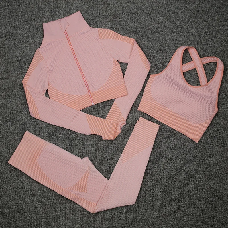 

Add logo New womens high waisted seamless workout apparel outfit 3-pieces fitness yoga set with zipper