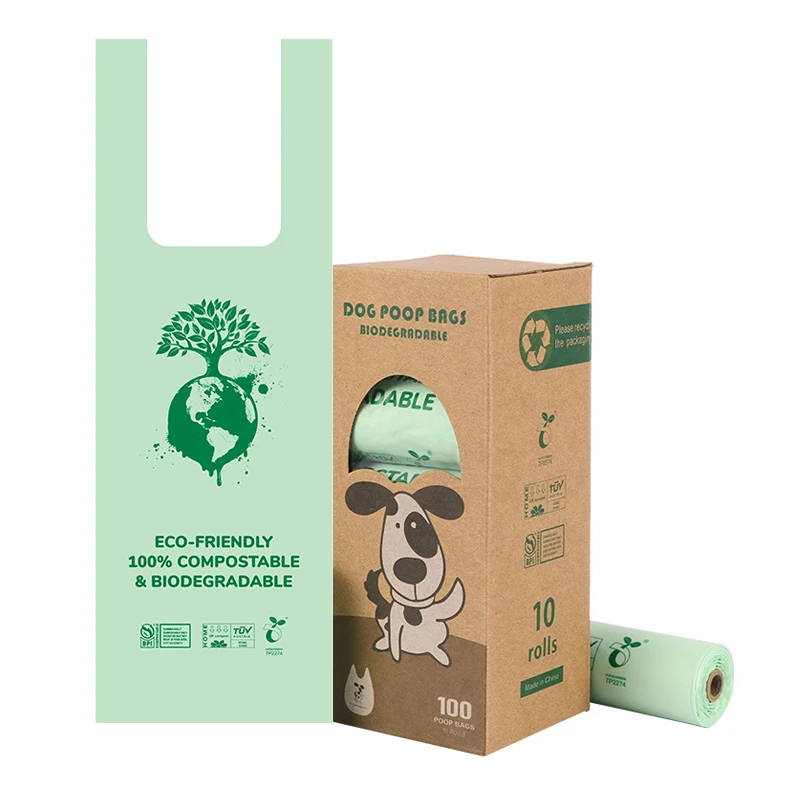 

Biodegradable Pet Garbage Bags Corn Starch PLA Compostable Vest Style Cat Dog Poop Bags Trash Outdoor Pet Litter Bags