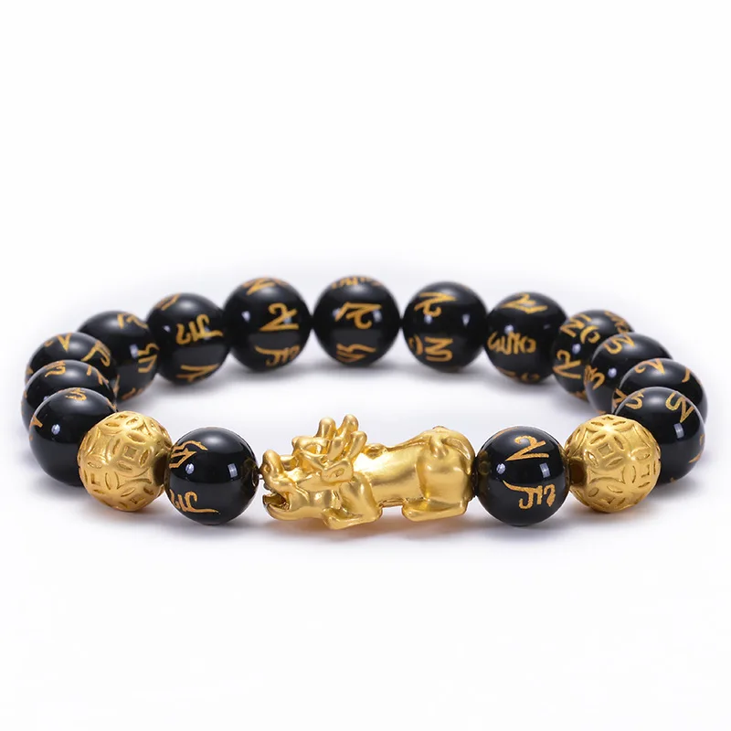 

Six Word Proverbs Buddha Beads Bracelet Lucky Fortune Natural Feng Shui Black Obsidian Agate Pixiu Bracelet For Men and Women, Black,gold