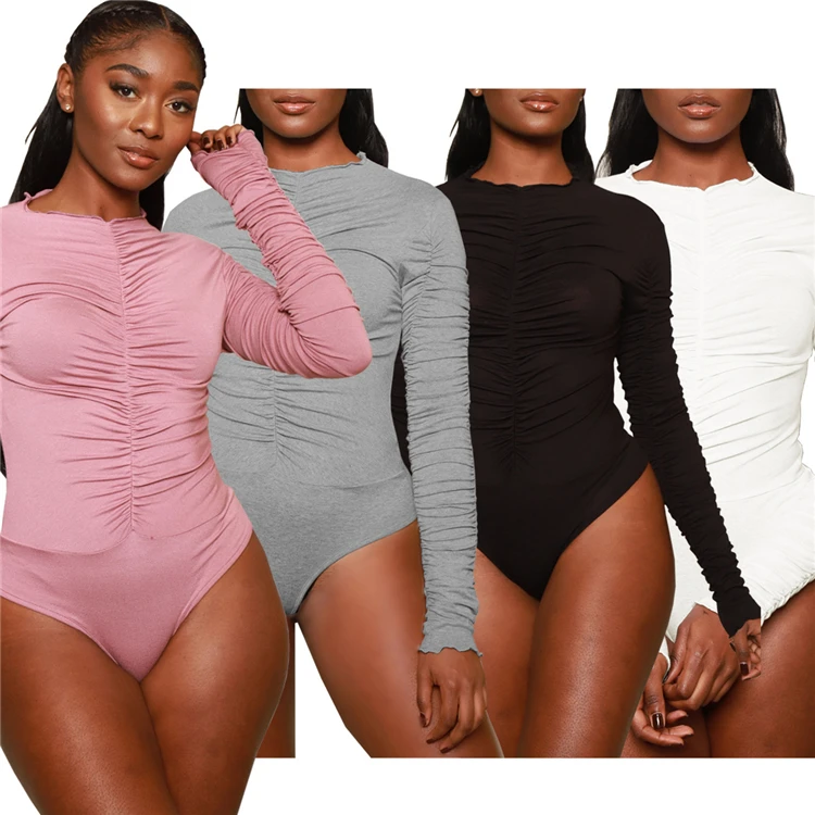 

M11849 Women's long sleeves Long sleeve high waist pleated slim jumpsuits