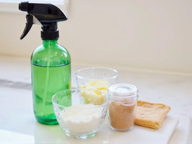 Homemade carpet cleaner ingredients in glass spray bottle