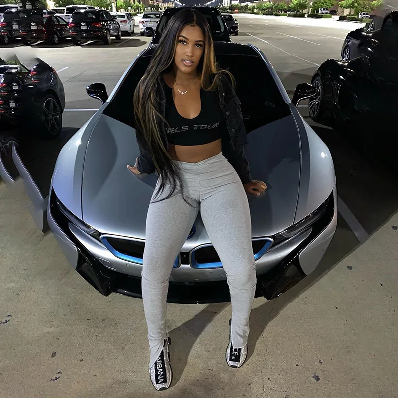 

Women Joggers Elastic Summer Leggings Bell Bottom Trouser Split Hem Flare Ruched Pant, Picture