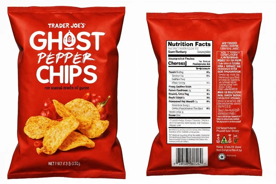 Side-by-side comparison of Trader Joe's Ghost Pepper Chips packaging next to nutritional information panel showing ingredients and heat level indicators