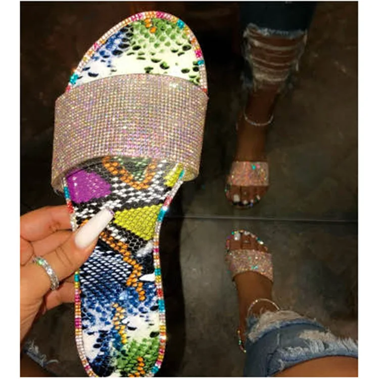 

2021 New arrivals candy bling rhinestone sandals summer leopard slippers women plus size flat slide sandals, 6 colors as picture show