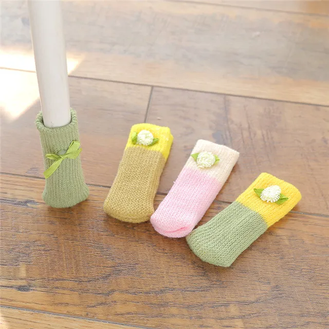 

New Arrival Knitted Woolen Table And Chair Foot Cover Mat 4pcs, As photo