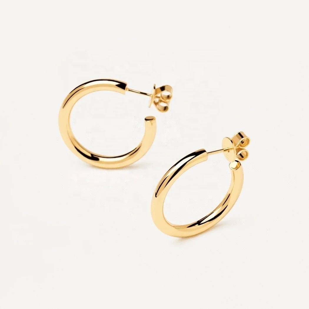 

925 Silver Gold Plated Vermeil Plain Metal Chunky Thick Stud Hoop Earring