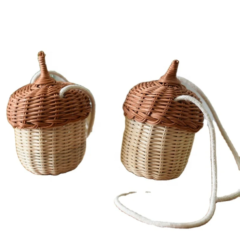 

children mini cute prop wicker woven basket straw bag with rope, Brown