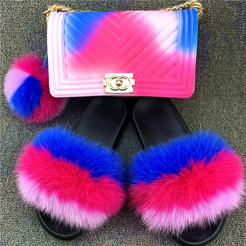 

Fashion Ladies Fox Fur Slides Jelly Purse Set Women Outdoor Casual Furry Plush Slippers Rainbow Colors Bags Shoulder Bag, As images showed