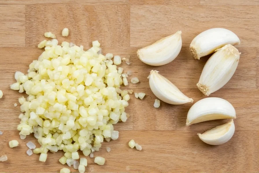 Two garlic cloves next to a teaspoon measurement showing minced garlic equivalent