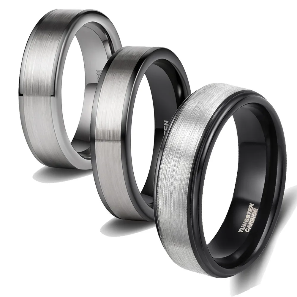 Poya Jewelry 6mm Brushed Black Silver Plated Step Edges Men's Wedding Band Tungsten Carbide Rings