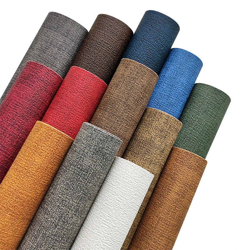 Coarse Cloth Pattern Leatherette Embossing PU Artificial Synthetic Vegan Leather Woven Textured Polyester Fabric for Upholstery