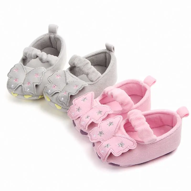 

2021 Wholesale new high quality low price fashion butterfly soft sole cute infant baby girl shoes, Pink/grey