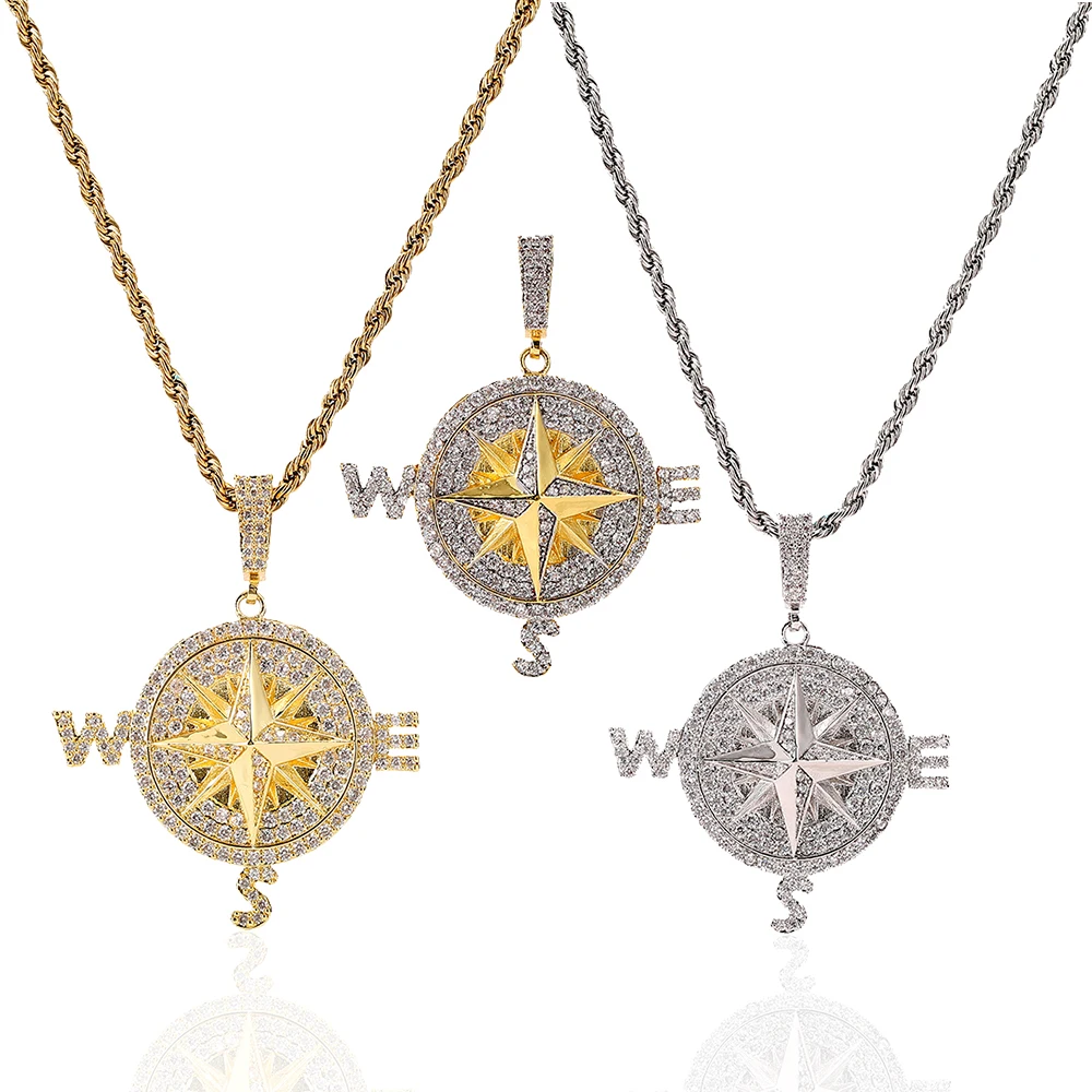 

Hip Hop Iced Out Bling Gold Plated Compass Shape Brass Women Mens Jewelry Statement Necklace, Gold/silver