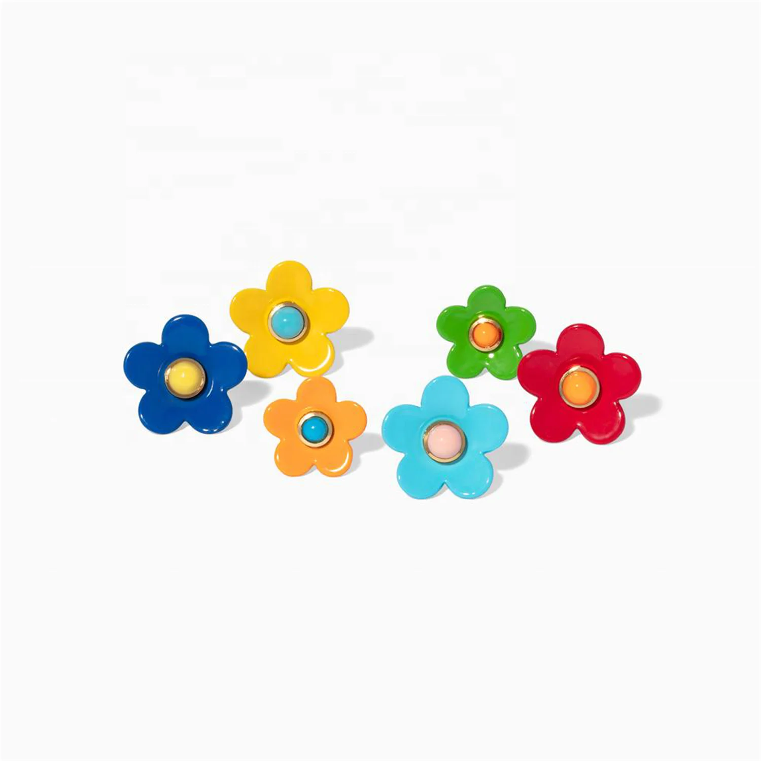 

hot sale Alloy Flow Stud Earrings Mini Five-petaled Flower Enamel Earring tiktok popular custom acrylic earrings, Green, yellow, orange, blue