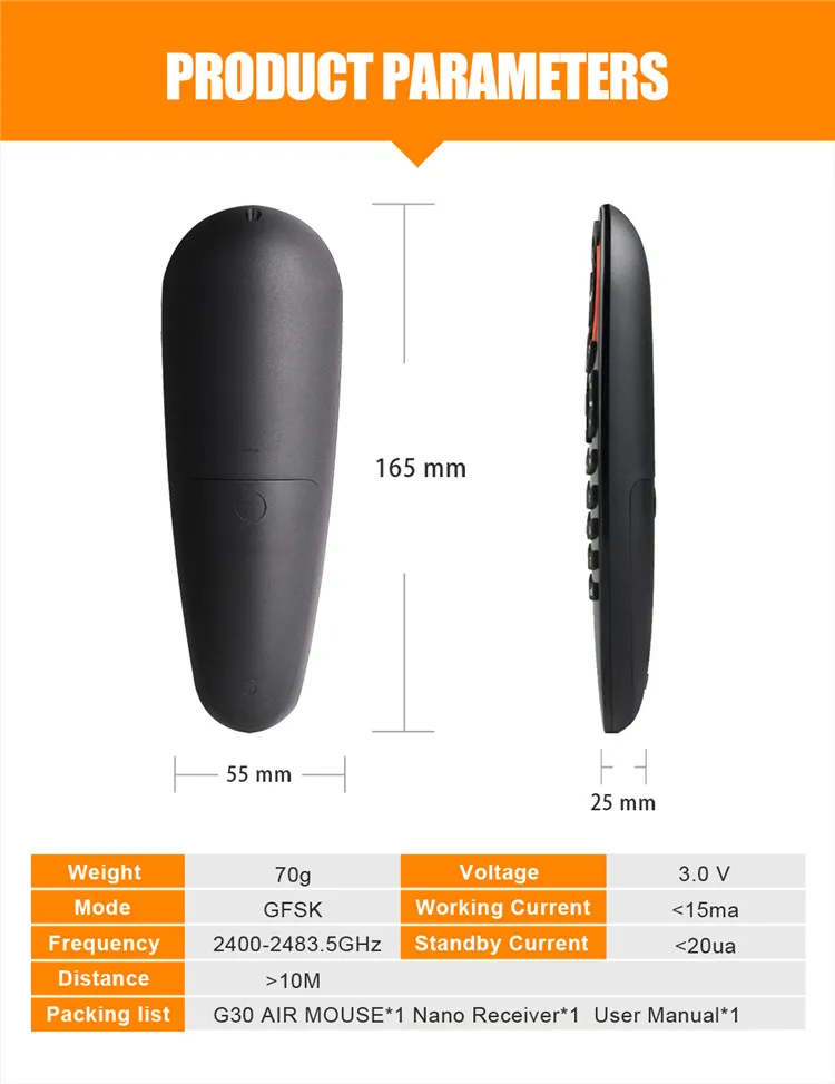 G30S G30 Air Mouse with Microphone 2.4G Gyro Remote Control with IR