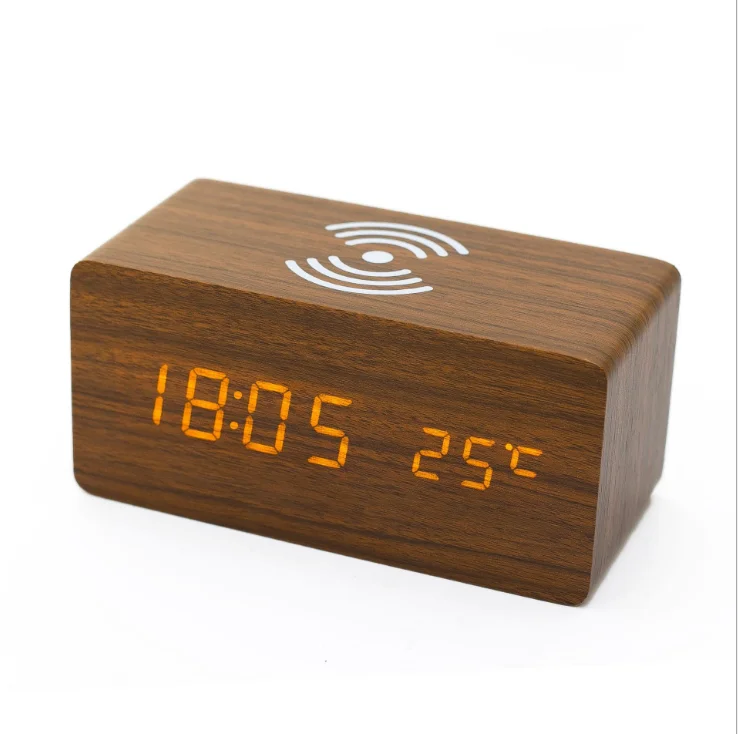 

Smart wireless led digital temperature and calendar wooden digital alarm clock with wireless charging