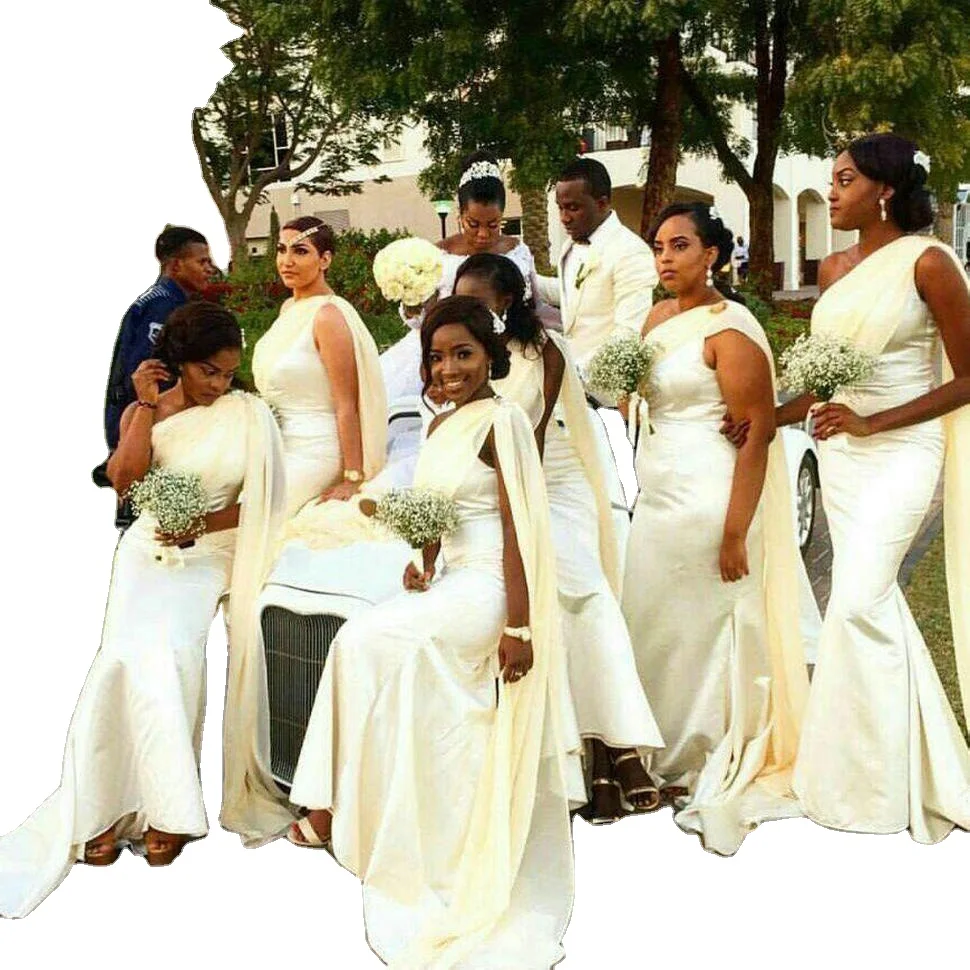 

DB026 Graceful African Girls Mermaid Long Bridesmaid Dresses One Shoulder Satin Floor Length Wedding Guest Party Maid Of Honor