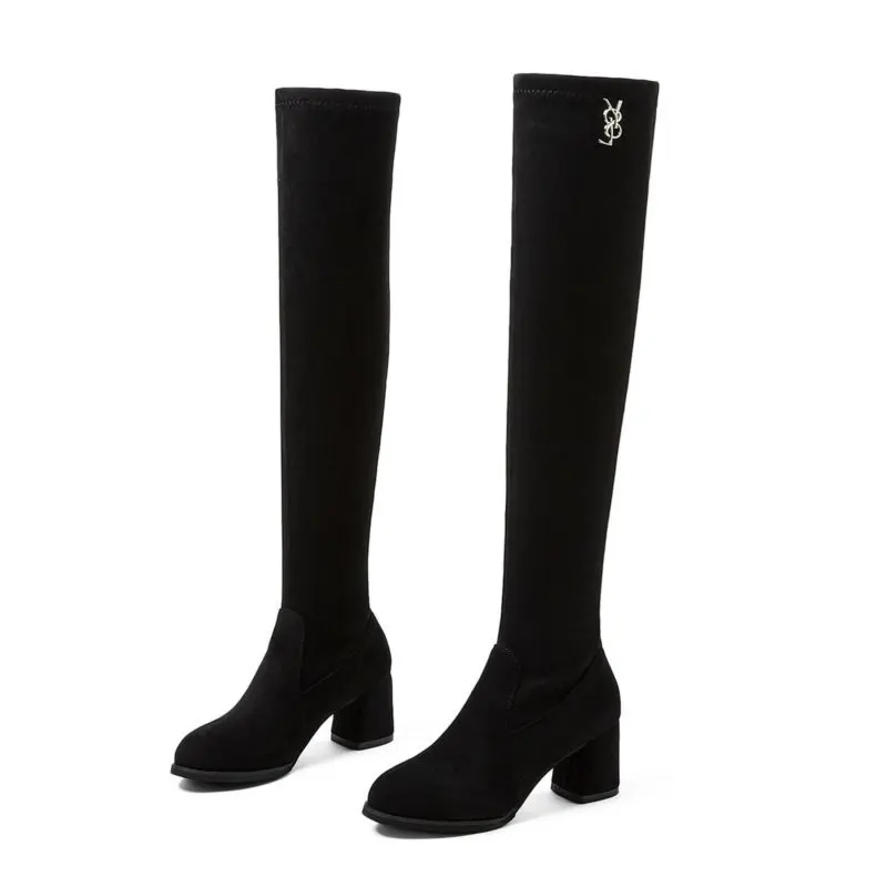 

Women Over-Knee-High booties thigh high solid boots winter super long low heels shoes, Black