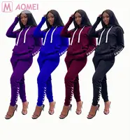 

B2010 hot selling solid color eyelet long sleeve casual sport hooded sweatshirt two piece pants set