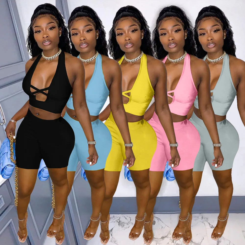 

Women Two Piece Short Set Fashion Sexy Hollow Out Halter Crop Top and Shorts Sets Club Outfits Summer 2 Piece Set