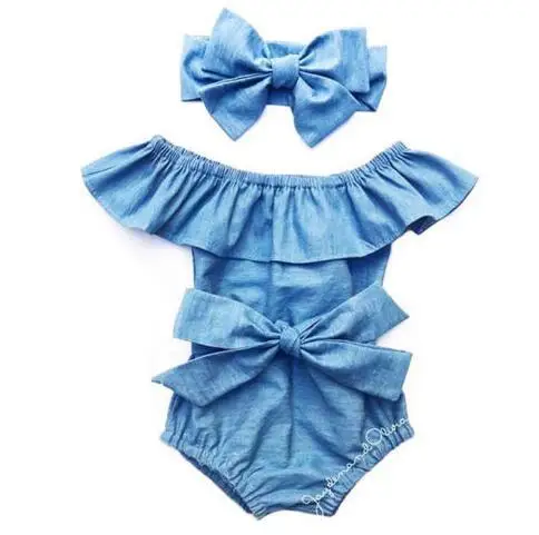 

Denim Jumpsuit Baby Romper With Headband M2149