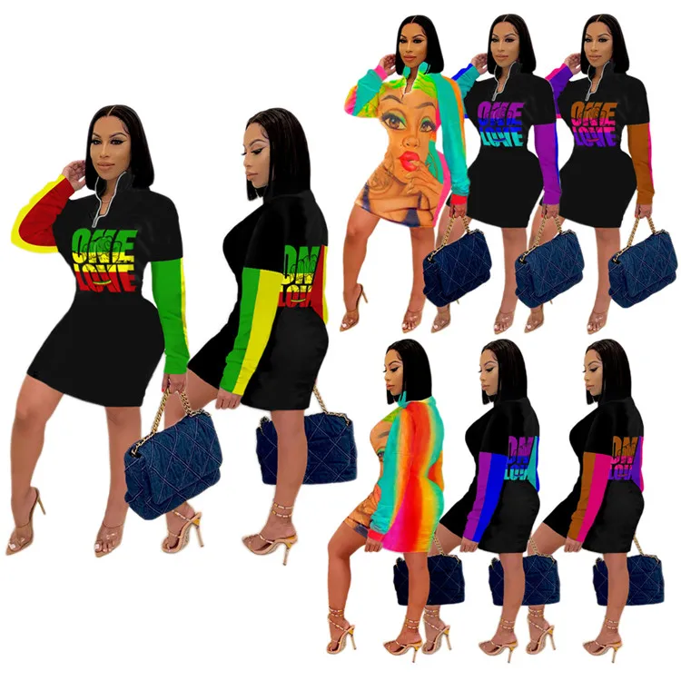 

EB-20121144 Trendy Turtleneck Print Long Sleeve T Shirt Party Clothing Bodycon Plus Size Fall Women Dress