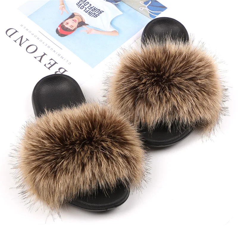 

Wholesale Price 2021 New Design Fashion Ladies Sandals Mixed Color Women Faux Fox Fur Slippers colorful Slipper Slides, As picture