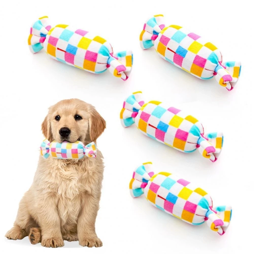 

Creative Interactive Dog Chew Toys Pet Plush Toys Rainbow Candy Squeaky Toy for Dog Teeth Grinding Cleaning, Candy color