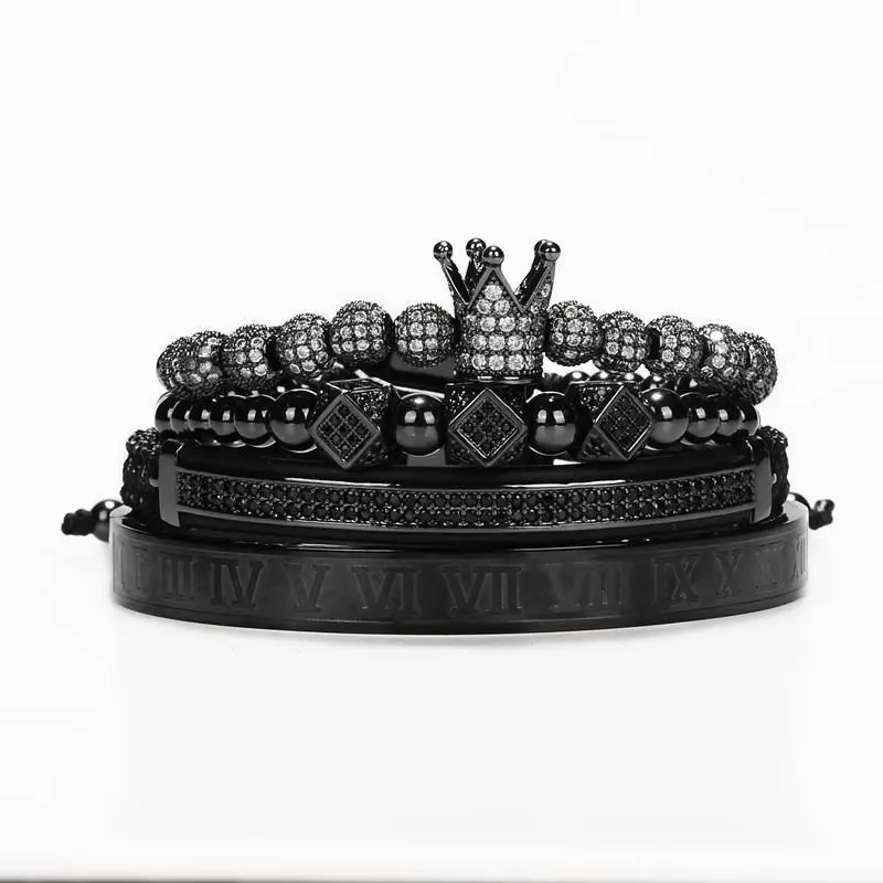 

Royal King Crown 4PCS Set Rhinestone 18k Gold Bracelet Silver Charm Bracelets Men Luxury CZ Imperial Gifts Women Jewelry