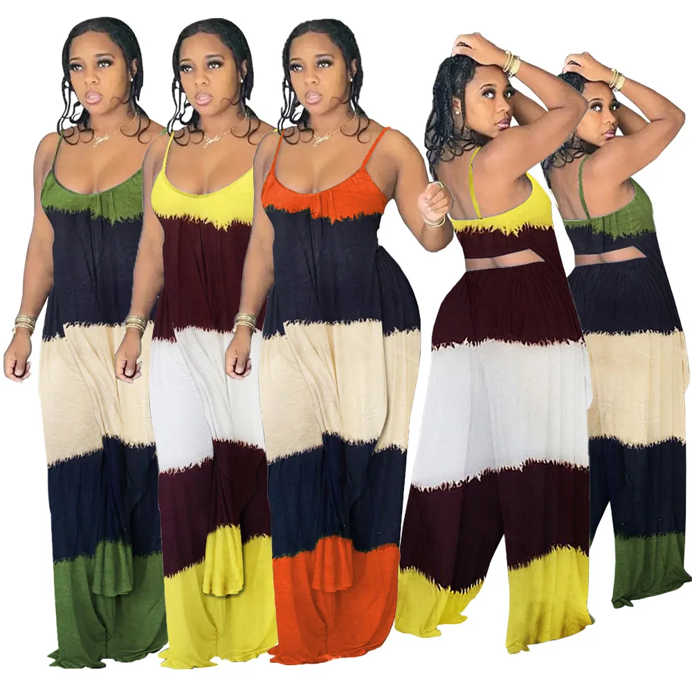 

FS4579D Hipster Two Piece Set Women tops and loose Pants Fashion contrast color outfits