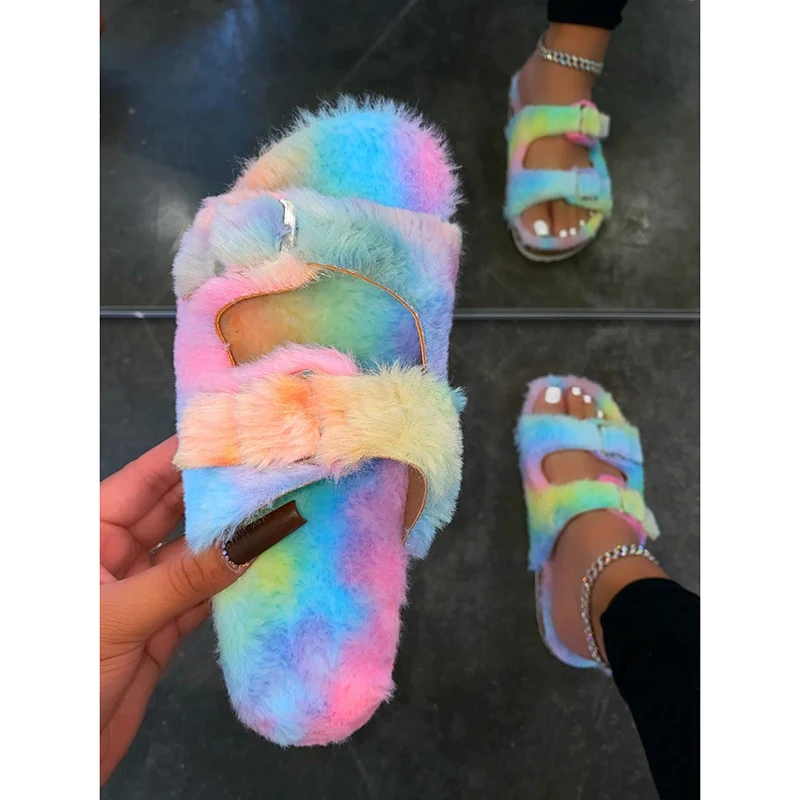 

QC*S8068 Tie die flat shoes candy color beach wear house slippers for women faux fur platform women's sandals
