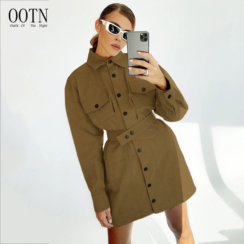 

OOTN Fall Casual Cotton Dress Straight Sashes Breasted Long Sleeve Blazer Dress Vintage Corduroy Winter Woman Dress Coat